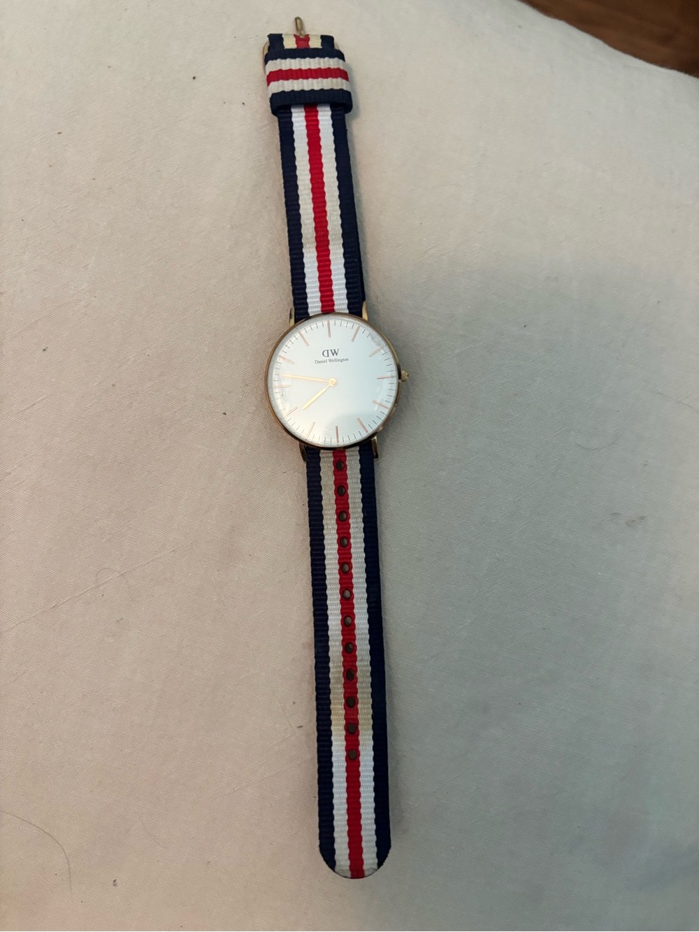 Daniel wellington Classic White Dial Watch with Navy, White & Red Nylon Strap